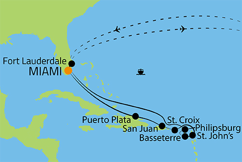 Kort over rundrejsen i Caribien